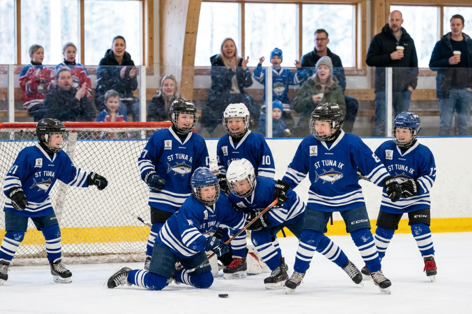 Unga hockeyspelare i ST Tuna IK-tröjor åker skridskor och skrattar på isen.
